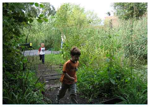 Boy running through foliage